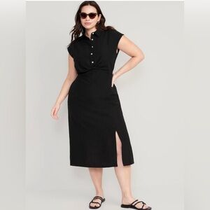 NWT! Black Waist-Defined Twist-Front Midi Shirt Dress - Multiple 🧡